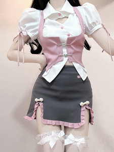 纯欲甜辣妹别致泡泡袖短衬衣夏季新款叠穿马甲包臀裙子三件套女装