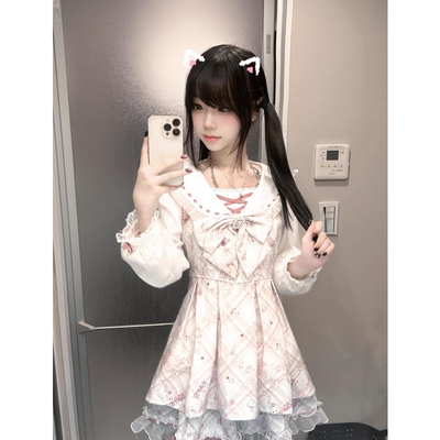 夏粉色可爱印花海军领公主百褶裙