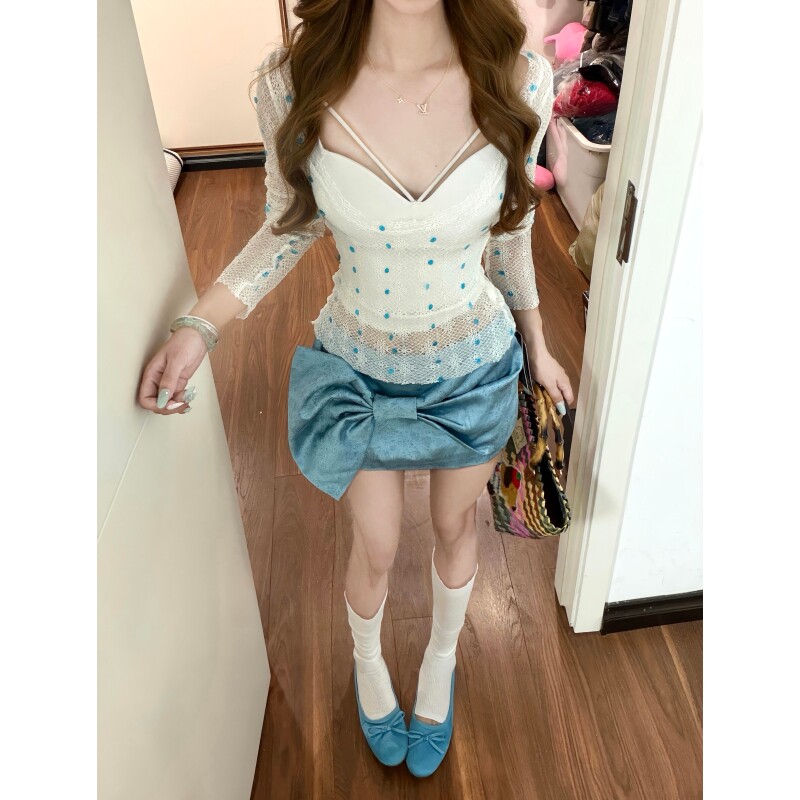 夏季纯欲性感辣妹蕾丝波点设计感T恤视透感长袖上衣蝴蝶结包臀裙图片