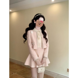 外套短裙三件套 粉色甜美千金感蝴蝶结衬衫 法式 重工钉珠小香风套装