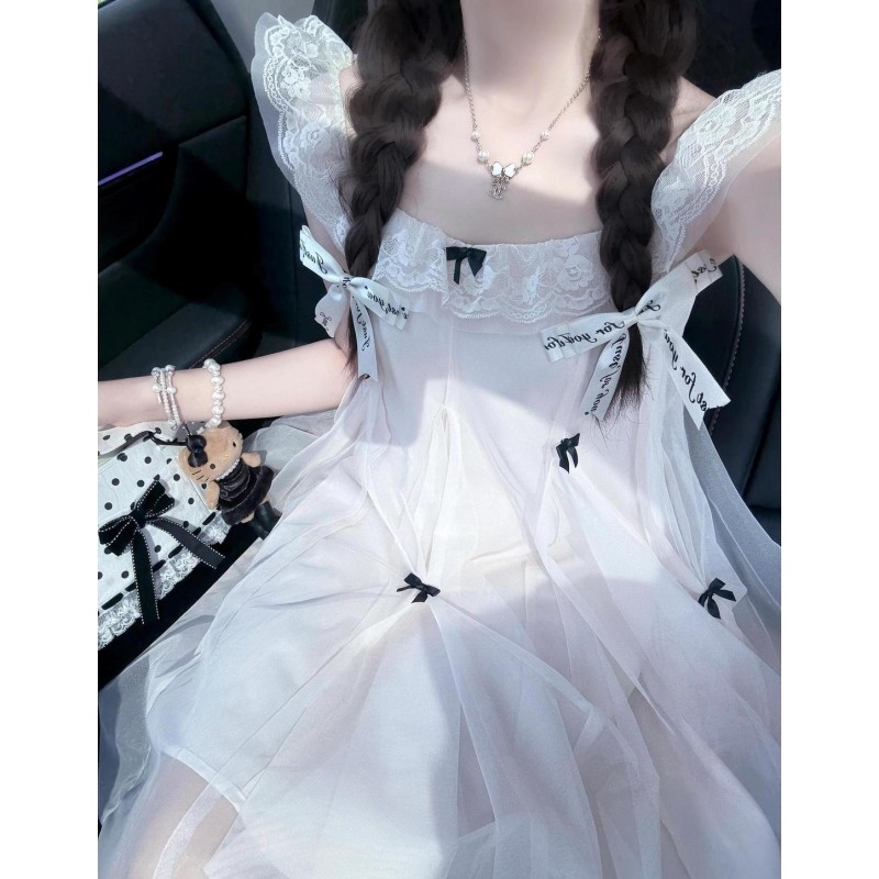 夏日新款法式千金气质仙气飘飘网纱设计小个子蝴蝶结方口领连衣裙,女装/女士精品,连衣裙,淘宝优惠券,粉丝福利购,淘宝优惠卷