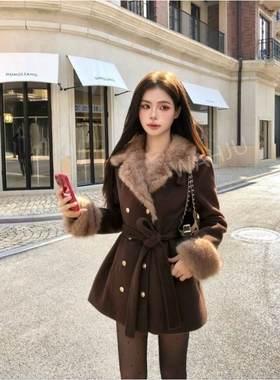 冬季古早贵气千金氛围感大衣外套女毛毛双排扣富家千金收腰外套