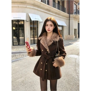 冬季古早贵气千金氛围感大衣外套女毛毛双排扣富家千金收腰外套