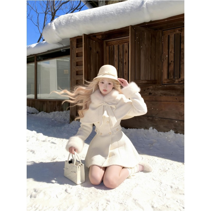 千金风白色毛领斗篷外套收腰短裙两件套女冬季小香风气质显瘦套装