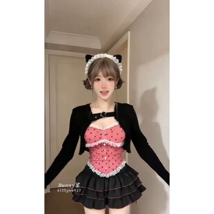 夏季 外套波点粉色吊带上衣显瘦蓬蓬裙 甜美可爱风古早doll黑色开衫