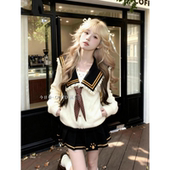 秋冬时尚 甜美风海军领学院针织毛衣上衣印花百褶裙可爱百搭两件套