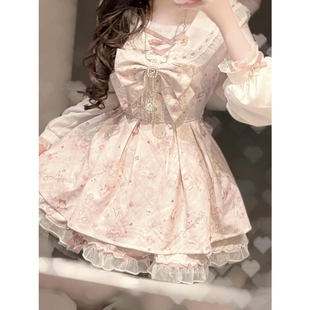 夏季绝美小裙子可爱清纯少女粉色印花设计感蝴蝶结收腰a字连衣裙