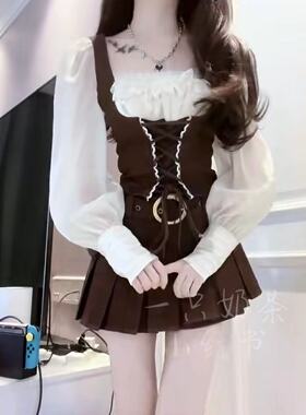 纯欲风辣妹复古chic小众时尚撞色拼接假两件上衣高腰百褶裙套装女