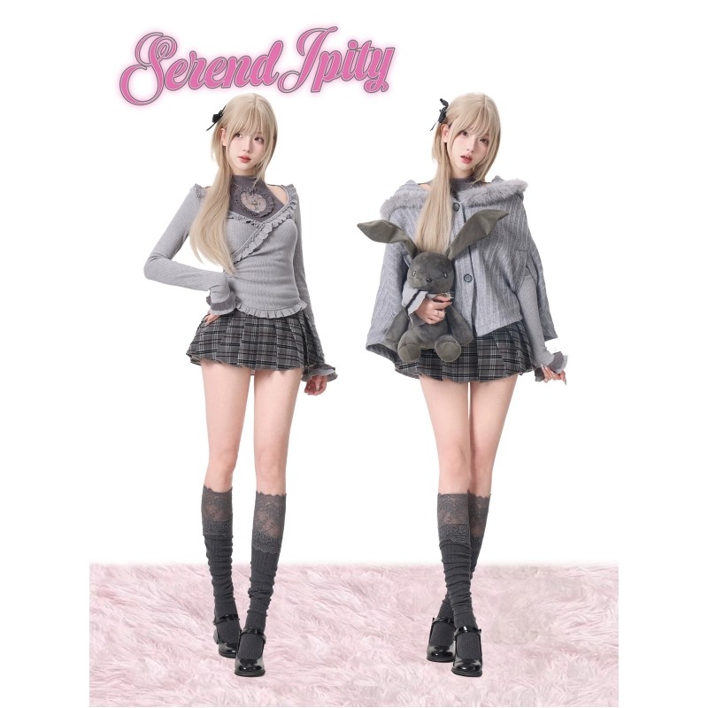 轻亚风学院风套装秋冬打底衣毛领斗篷披肩外套格纹短裙时尚三件套,女装/女士精品,时尚套装,淘宝优惠券,粉丝福利购,淘宝优惠卷