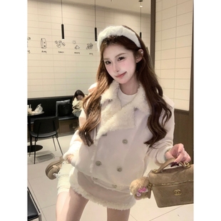 新款 双排扣设计毛毛外套高腰半身裙两件套 韩系甜美温柔风淑女套装