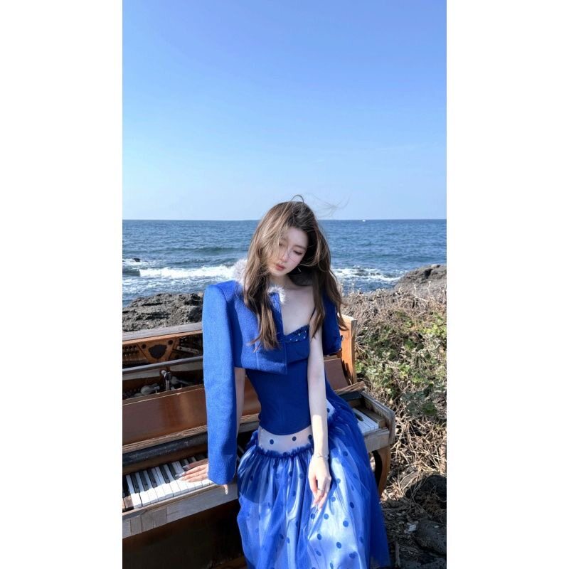 秋冬季新款优雅千金气质短款毛领外套波点吊带上衣高腰长裙三件套,女装/女士精品,时尚套装,淘宝优惠券,粉丝福利购,淘宝优惠卷