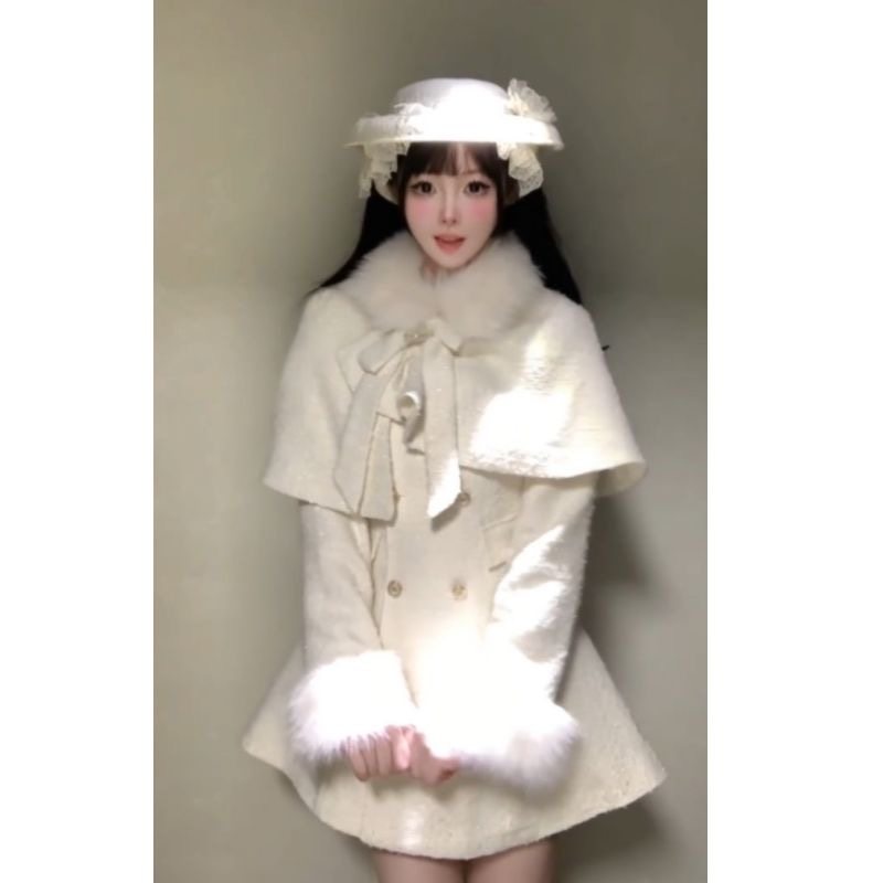 秋冬白色小香风千金风蝴蝶结毛领斗篷外套收腰富家千金连衣裙套装,女装/女士精品,时尚套装,淘宝优惠券,粉丝福利购,淘宝优惠卷