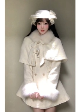 秋冬白色小香风千金风蝴蝶结毛领斗篷外套收腰富家千金连衣裙套装