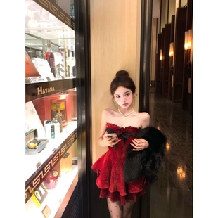 甜辣富家千金氛围感高级感名媛穿搭仿皮草外套抹胸连衣裙两件套女