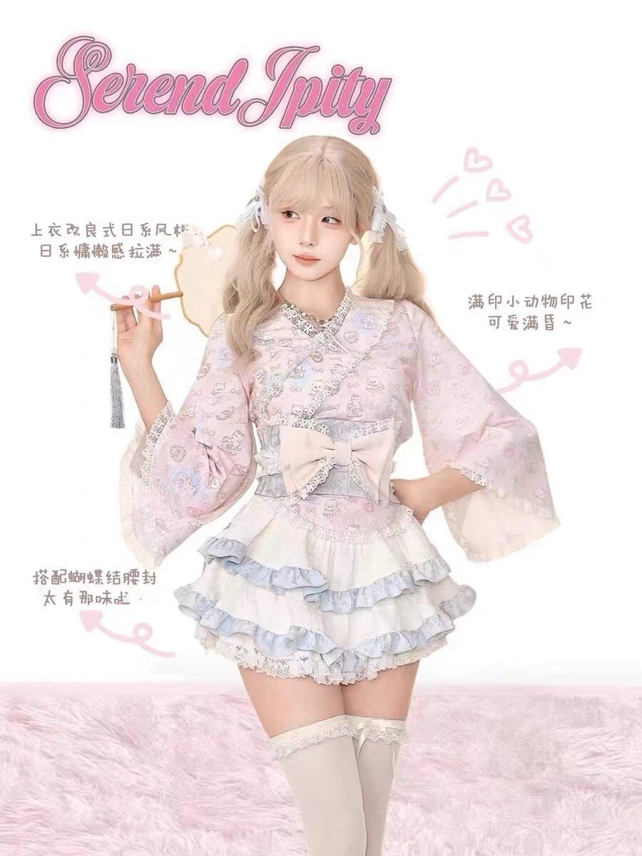 甜美日系少女套装裙可爱洛丽塔印花长袖上衣+高腰蛋糕裙减龄套装