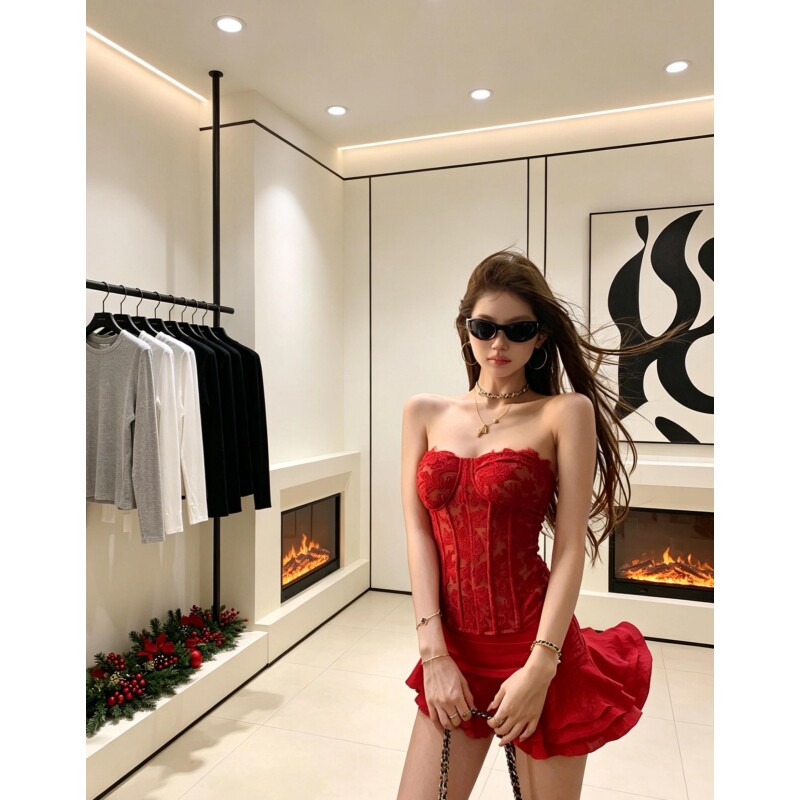 性感辣妹风套装裙女夏季纯欲风红色显白蕾丝抹胸上衣半身裙两件套