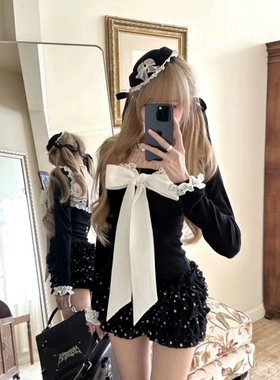 早秋纯欲风辣妹蕾丝蝴蝶结重新黑色显瘦上衣波点蛋糕裙裤两件套女