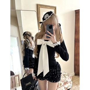 两件套女 早秋纯欲风辣妹蕾丝蝴蝶结重新黑色显瘦上衣波点蛋糕裙裤