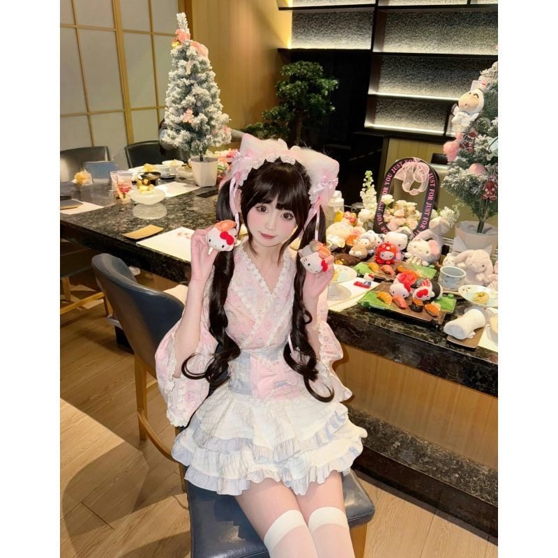 夏季日系可爱少女感印花和风碎花上衣蝴蝶结腰封蓬蓬裙女仆三件套,女装/女士精品,时尚套装,淘宝优惠券,粉丝福利购,淘宝优惠卷