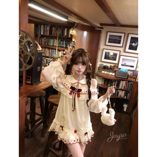 甜美千金风公主裙露肩娃娃领长袖拼接蝴蝶结宽松显瘦减龄连衣裙女