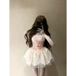 夏季 甜美超仙公主裙重工拼接蕾丝吊带裙显瘦减龄网纱蓬蓬裙连衣裙