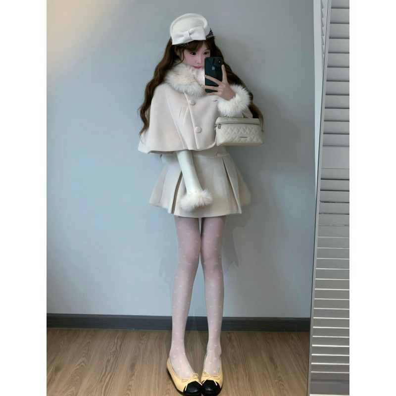 法式财阀千金高级感公主裙斗篷披肩外套毛茸茸打底衣百褶裙三件套