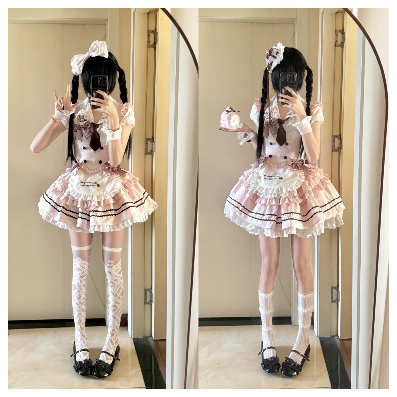 甜美可爱少女学院风粉色洛丽塔Lolita荷叶衬衣马甲蓬蓬裙三件套裙