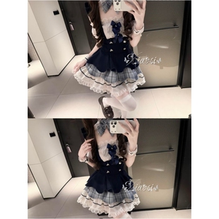 纯欲风少女甜美软妹可爱女仆装蕾丝一字肩上衣收腰背带短裙两件套