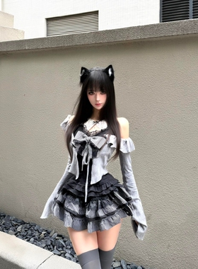 秋季辣妹学院风穿搭灰色针织开衫挂脖内搭上衣蓬蓬蛋糕裙三件套女