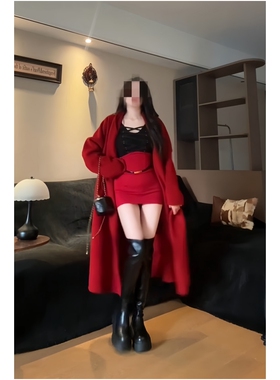 秋冬气质御姐风红色大衣外套高级感性感辣妹打底衣包臀裙三件套女