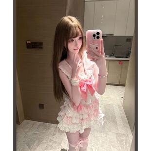 纯欲少女感可爱蝴蝶结无袖 蛋糕裙撞色拼接性感洛丽塔Lolita裙短裙