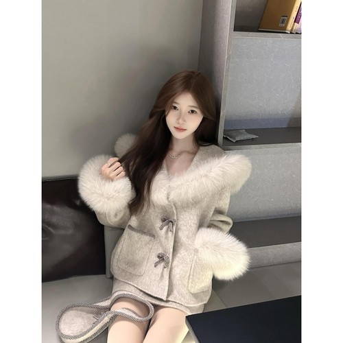 呢子名媛风气质毛领连帽外套套装