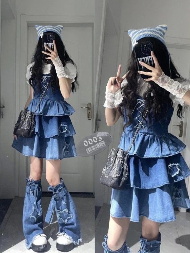 2023新款y2k辣妹牛仔水洗腿套泡泡袖衬衣背带裙套装裙炸街甜美夏