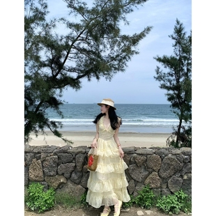 甜美纯欲风高级感连衣裙v领收腰显瘦海边度假风蛋糕长裙女夏 法式