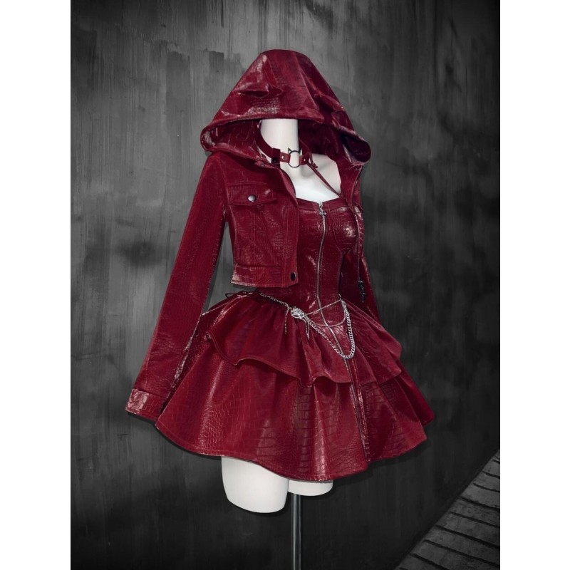 暗黑朋克风万圣节复古红连帽皮外套挂脖收腰吊带裙蓬蓬裙两件套女,女装/女士精品,时尚套装,淘宝优惠券,粉丝福利购,淘宝优惠卷