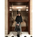 法式 英伦风复古双色双排扣斗篷外套灰色针织打底衣中长裙三件套女