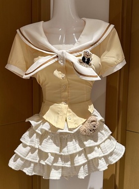 学院风甜美少女感奶黄撞色拼接海军领收腰衬衣白色蛋糕裙两件套女