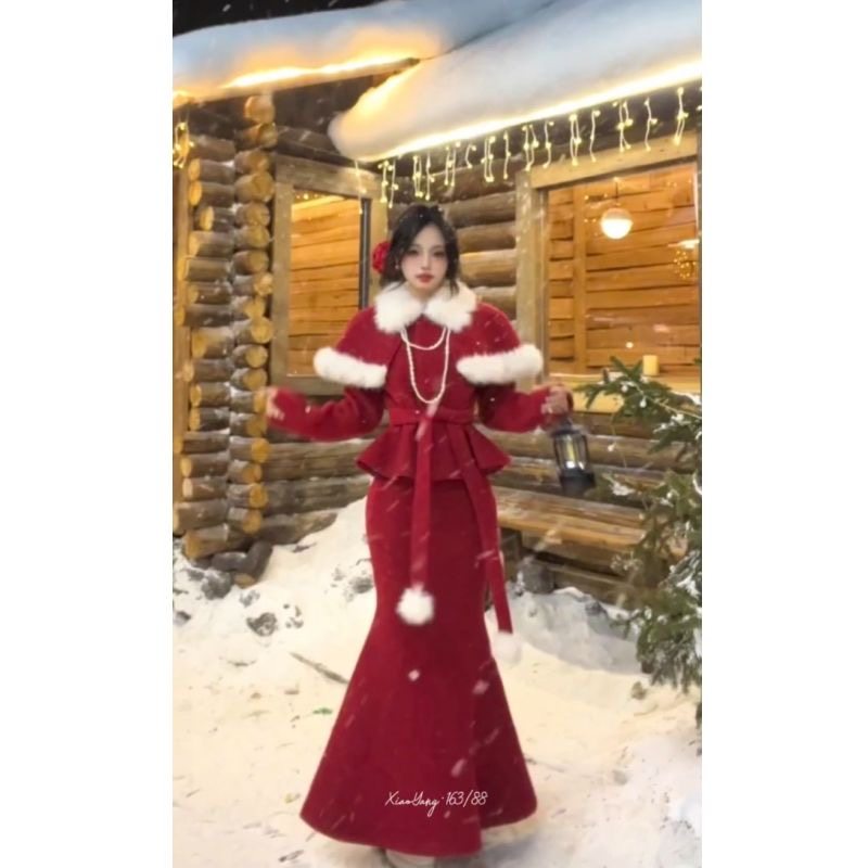 冬季氛围感圣诞新年穿搭韩系女主小香风红色斗篷上衣中长裙三件套,女装/女士精品,时尚套装,淘宝优惠券,粉丝福利购,淘宝优惠卷
