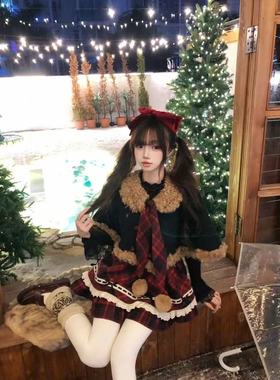 冬日少女感洋装Lolita裙圣诞节毛绒外套拼接红色假两件格纹连衣裙
