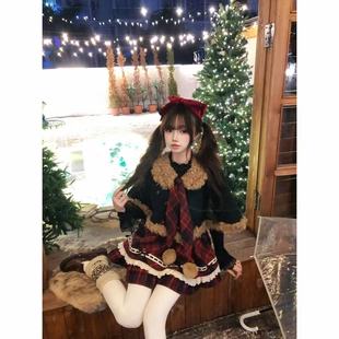 冬日少女感洋装Lolita裙圣诞节毛绒外套拼接红色假两件格纹连衣裙