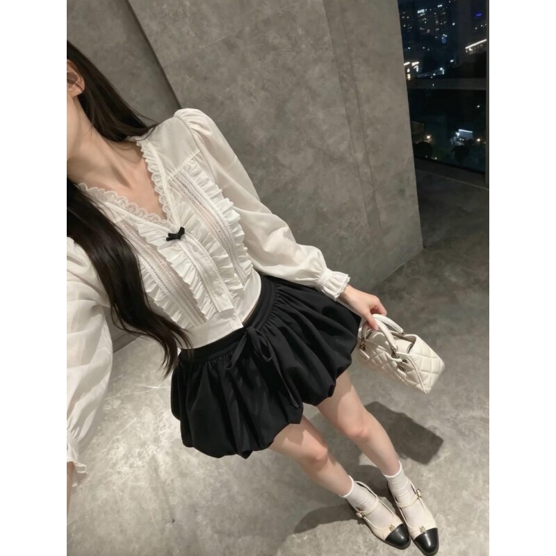 法式宫廷风少女感蝴蝶结木耳边长袖上衣上衣女秋季黑色花苞裙套装