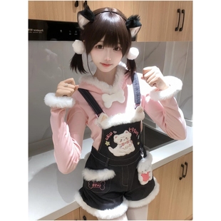 冬季甜美可爱小狗印花牛仔背带短裤拼接毛绒粉色连帽打底衣两件套