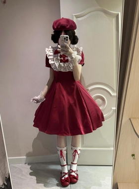 早春漂亮小裙子甜美可爱Lolita裙红色洛丽塔拼接花边蝴蝶结连衣裙