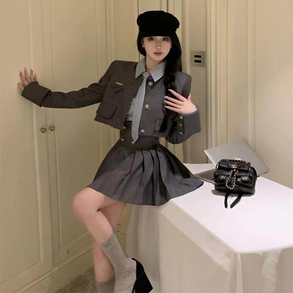 韩版学院风高校学姐西装制服条纹长袖衬衣短款外套半身裙三件套女
