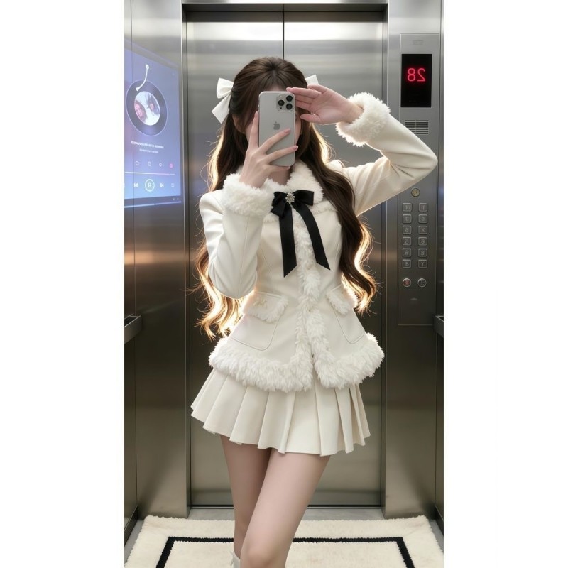 冬季甜美氛围感小香风套装拼接毛领保暖外套千金感百褶裙两件套女,女装/女士精品,时尚套装,淘宝优惠券,粉丝福利购,淘宝优惠卷