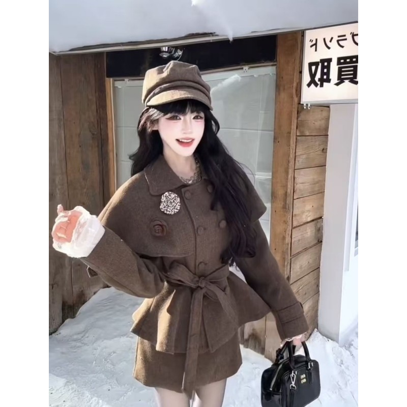 法式英伦风复古小香风套装毛呢棕色双排扣拼接斗篷外套半身裙套装,女装/女士精品,时尚套装,淘宝优惠券,粉丝福利购,淘宝优惠卷