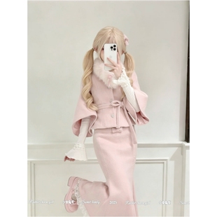 甜美风千金感三件套女冬季 打底衣粉色毛呢外套收腰绑带鱼尾裙套装