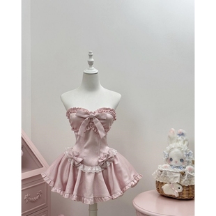 甜美可爱少女公主风抹胸连衣裙蕾丝蝴蝶结收腰显瘦减龄蓬蓬短裙子
