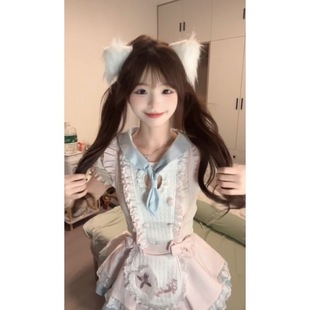 甜美奶油可爱软妹风套装 裙娃娃领上衣粉色蝴蝶结背带蓬蓬裙两件套