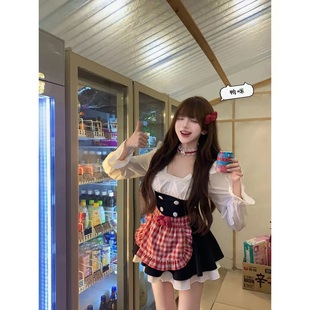 甜美纯欲风可爱女仆裙拼接长袖双排扣收腰蓬蓬连衣裙粉色围裙套装